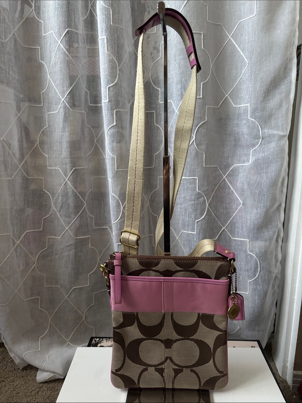Coach Brown Signature Canvas Crossbody with Pink Trim
